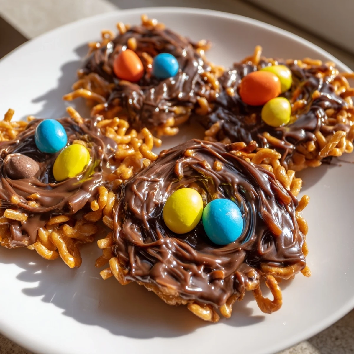 Easter Birds Nest Cookies with Peanut Butter and Chocolate arranged on a serving platter, perfect for a festive spring dessert spread alongside other treats.