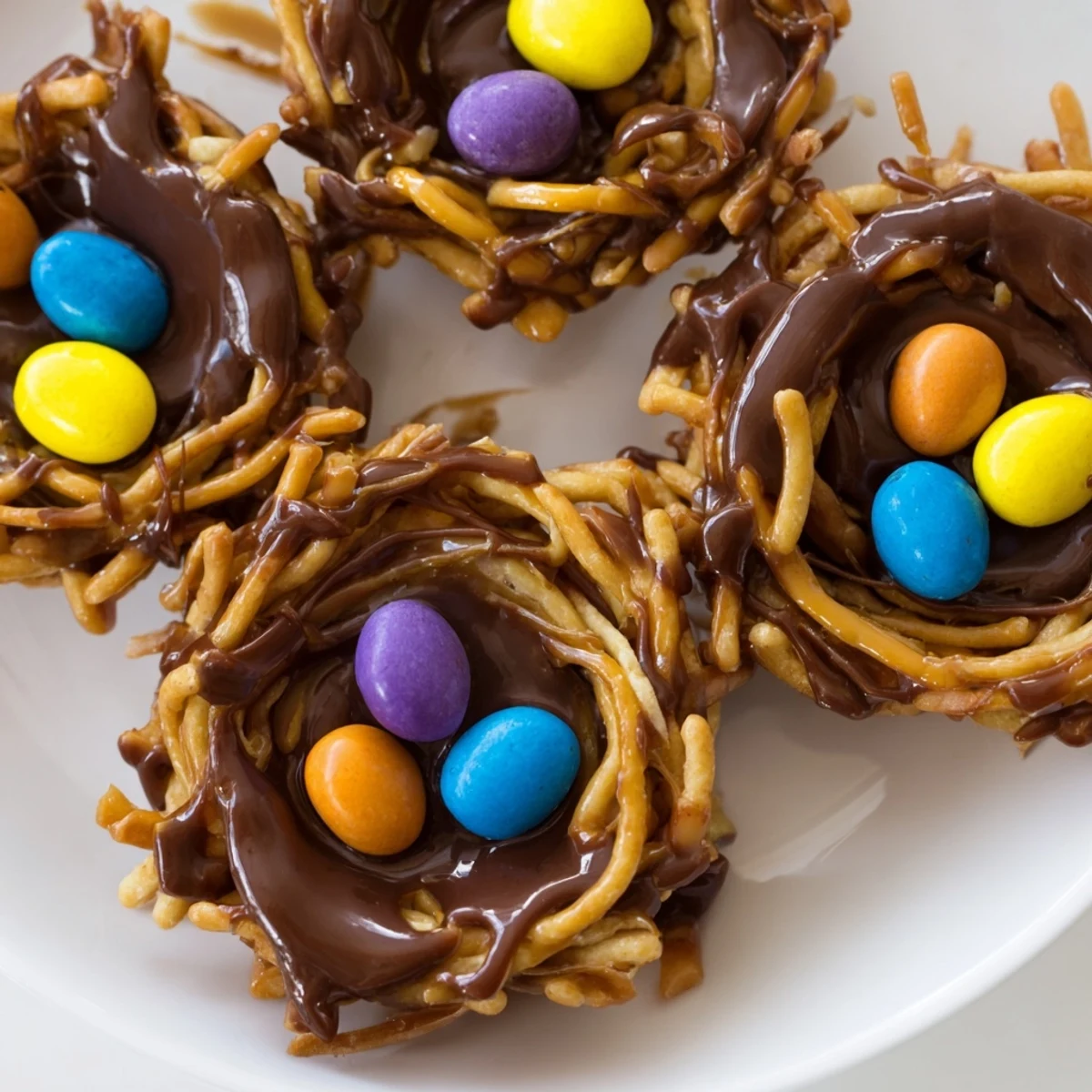 A hand holding a single Easter Birds Nest Cookie with Peanut Butter and Chocolate, revealing the rich melted chocolate and peanut butter coating inside.