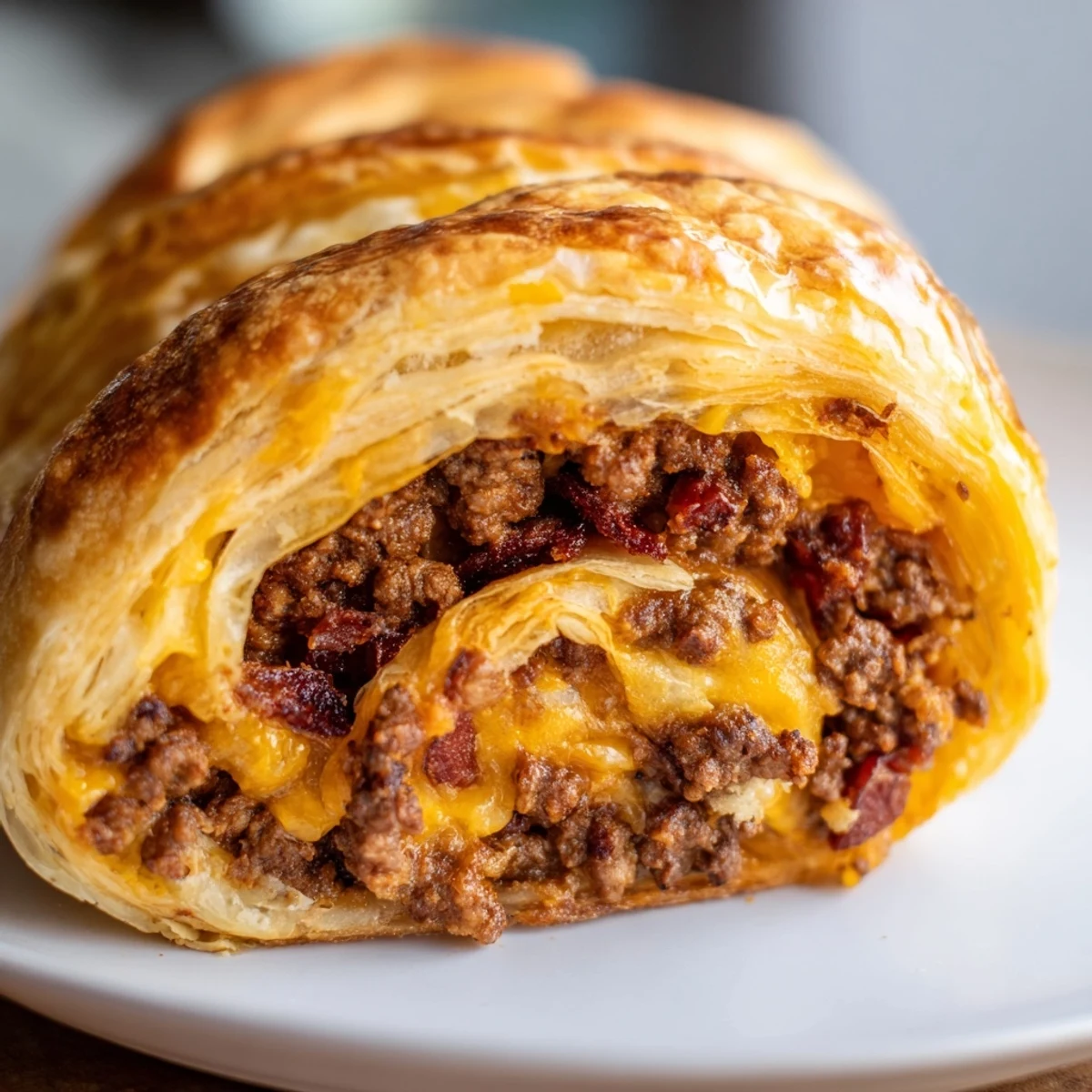 Golden baked Cheesy Bacon Burger Rollups with flaky puff pastry, ground beef, and melted cheddar on a plate.