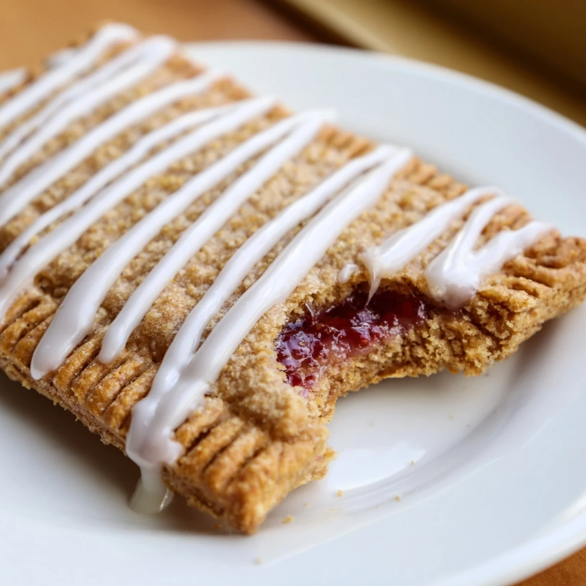 Golden, flaky Protein Pop Tarts sit on a rustic wooden table, showcasing a fruity red filling peeking from the edges.