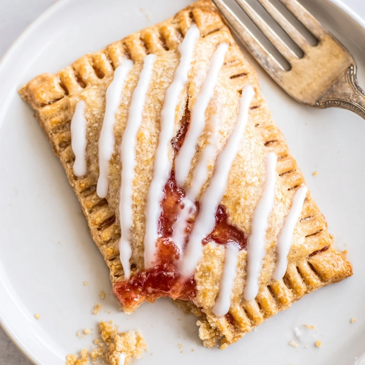 A hand holds a warm Protein Pop Tart with drizzled white icing, perfect for a high-protein breakfast snack.
