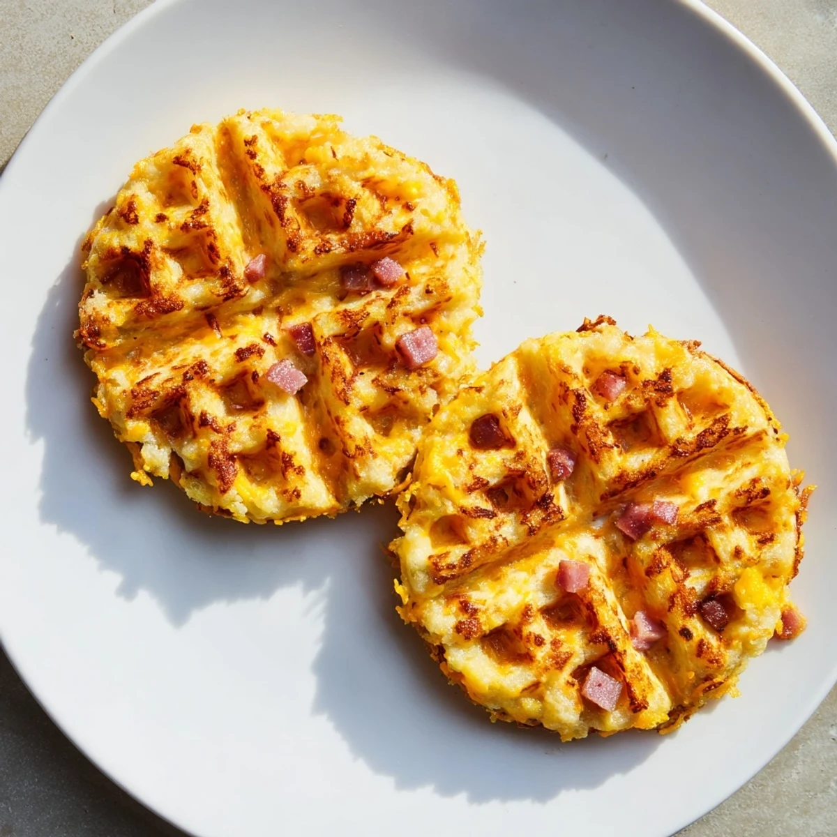 Golden-brown Ham and Cheese Chaffles, crispy on the outside and melty inside, served fresh on a wooden board.