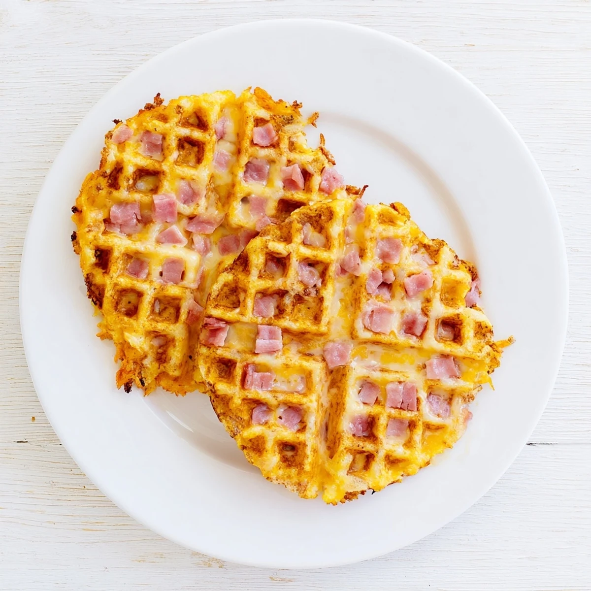 Crumbly Ham and Cheese Chaffles stacked on a plate, featuring melted cheddar and savory ham pieces for breakfast.