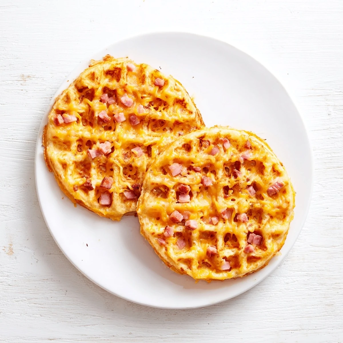A close-up of Ham and Cheese Chaffles showing a crispy waffle texture and golden edges, ready to eat.