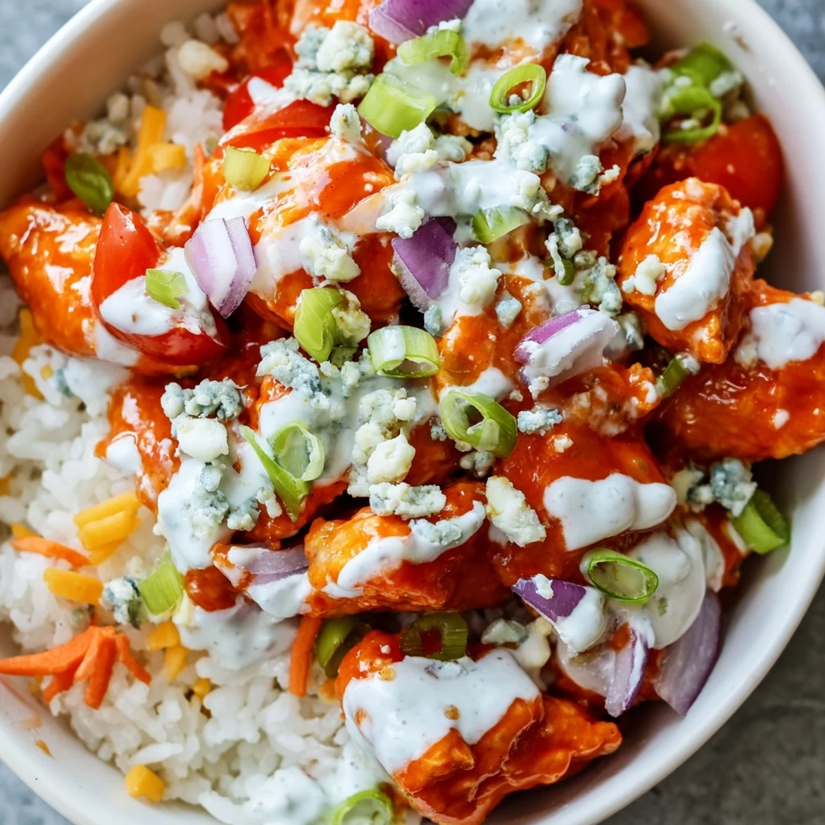 Savory Buffalo Chicken Bowls feature tender chicken coated in tangy sauce, layered with carrots, tomatoes, and green onions.