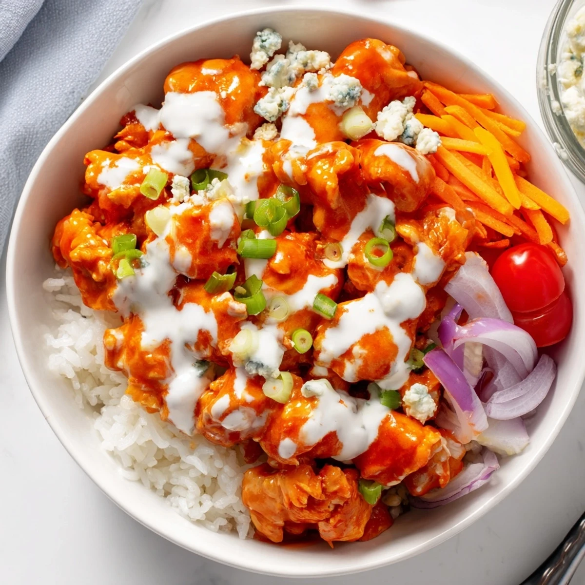A hearty bowl of Buffalo Chicken Bowls with juicy chicken, cool ranch drizzle, and crunchy vegetables ready to enjoy.