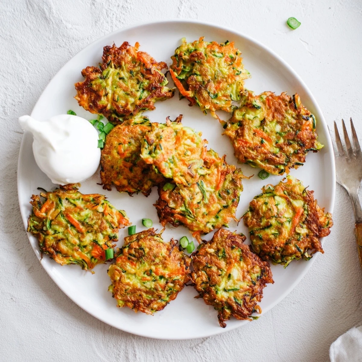 Crispy Easy Zucchini Fritters are stacked high, golden-brown and perfect for dipping in tzatziki sauce.