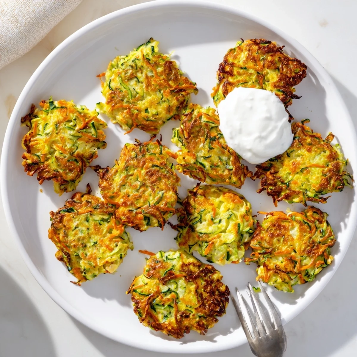 Freshly fried Crispy Easy Zucchini Fritters sit on a plate next to bright lemon wedges.