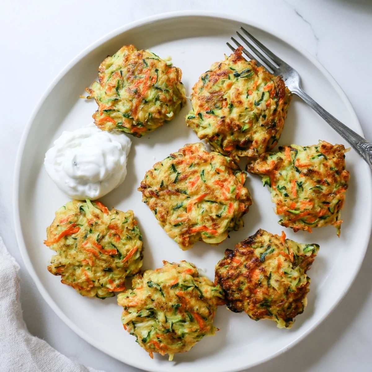 A close-up of Crispy Easy Zucchini Fritters shows a crunchy exterior with tender, green flecks inside.