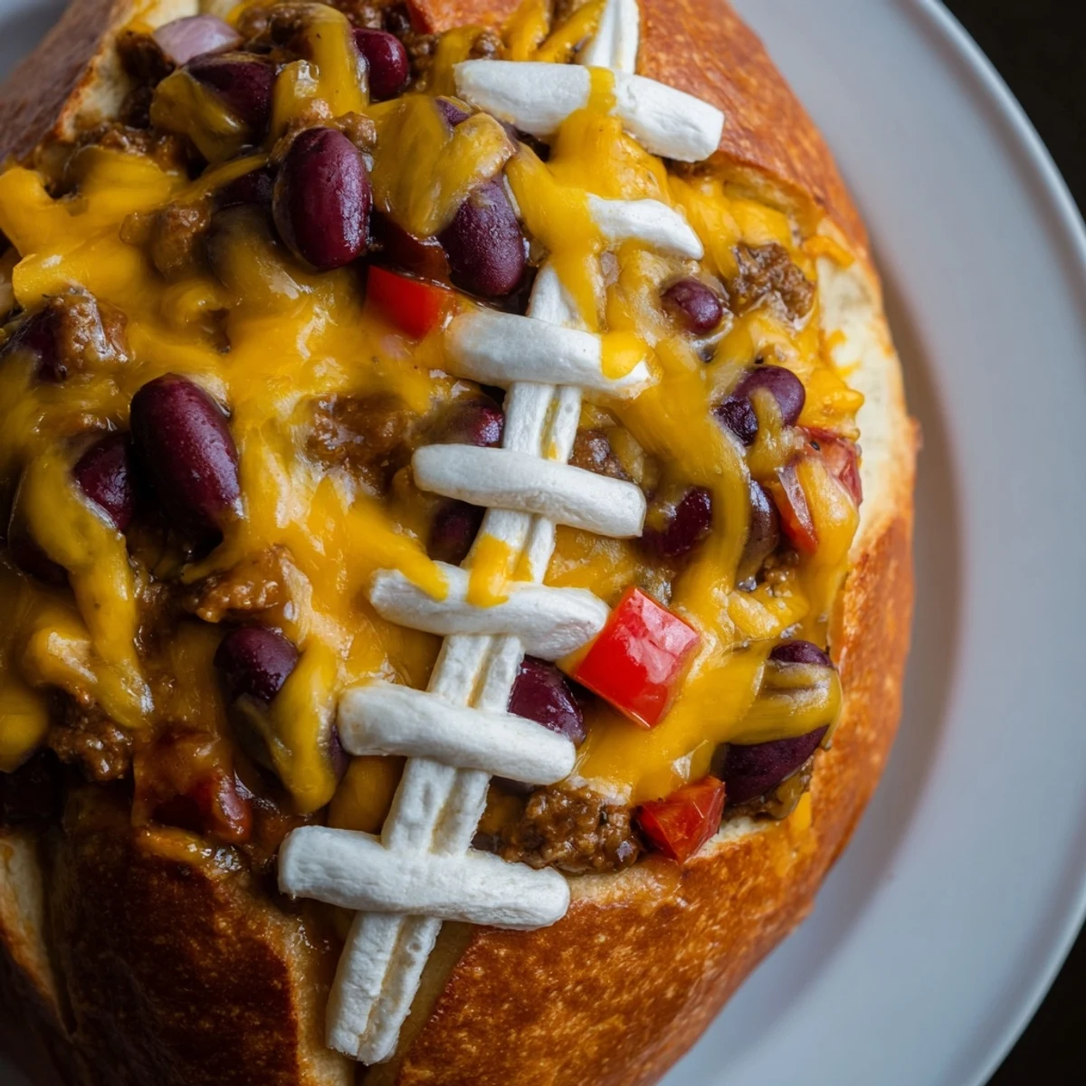 Perfectly bite-sized Mini Chili Football Bread Bowls ready for a game day party platter.