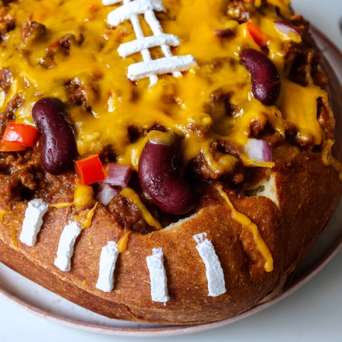 Golden-brown mini bread bowls filled with chili and topped with melted cheddar cheese, shaped like footballs with sour cream laces.