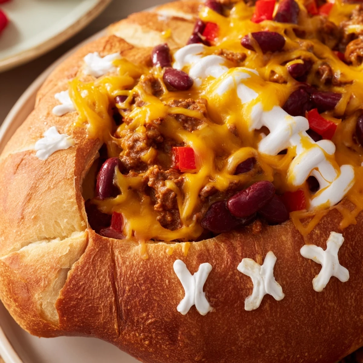 A close-up view of Mini Chili Football Bread Bowls showing cheesy toppings and football-style sour cream decorations.