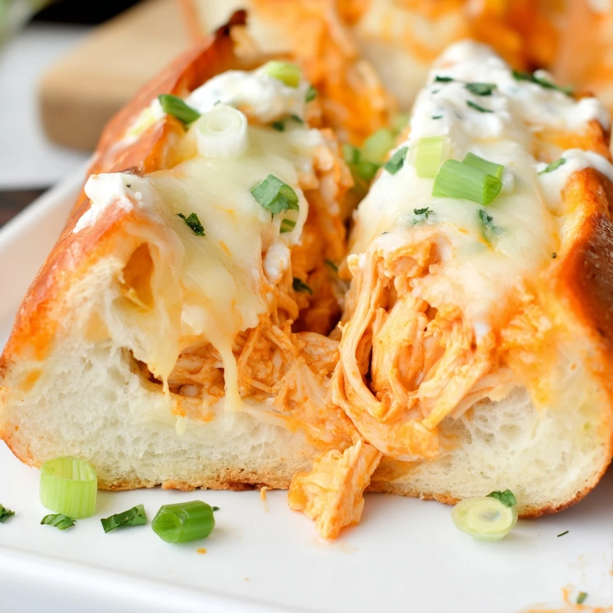 Golden, bubbly melted mozzarella and cheddar top the Cheesy Buffalo Chicken Stuffed French Bread loaf after baking.