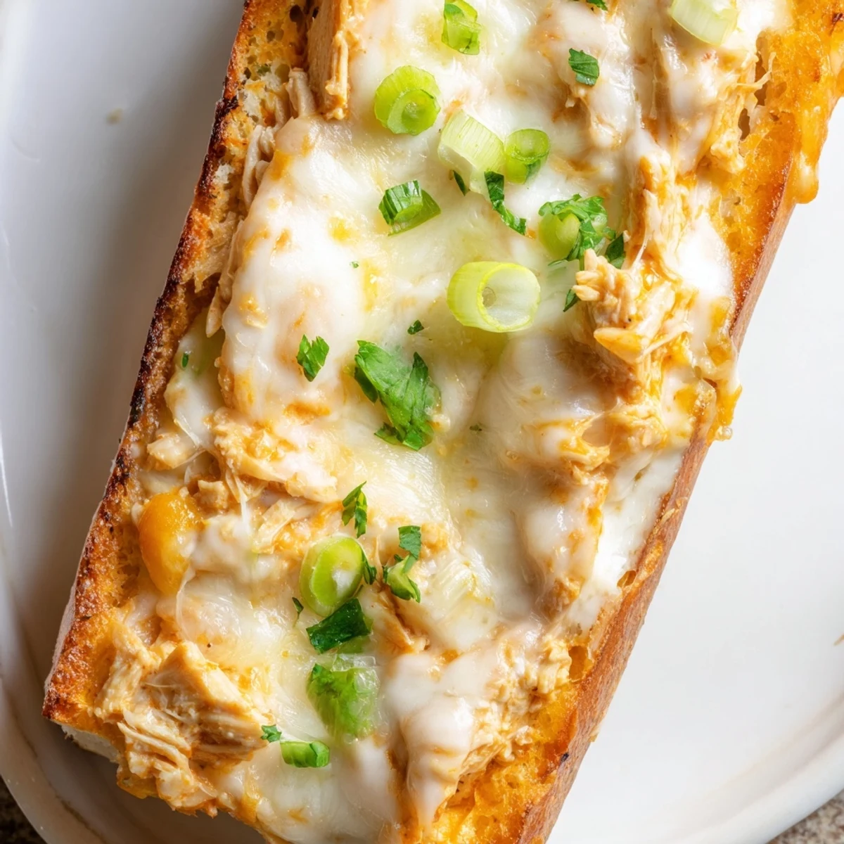 Served on a rustic board, the Cheesy Buffalo Chicken Stuffed French Bread is garnished with fresh parsley.