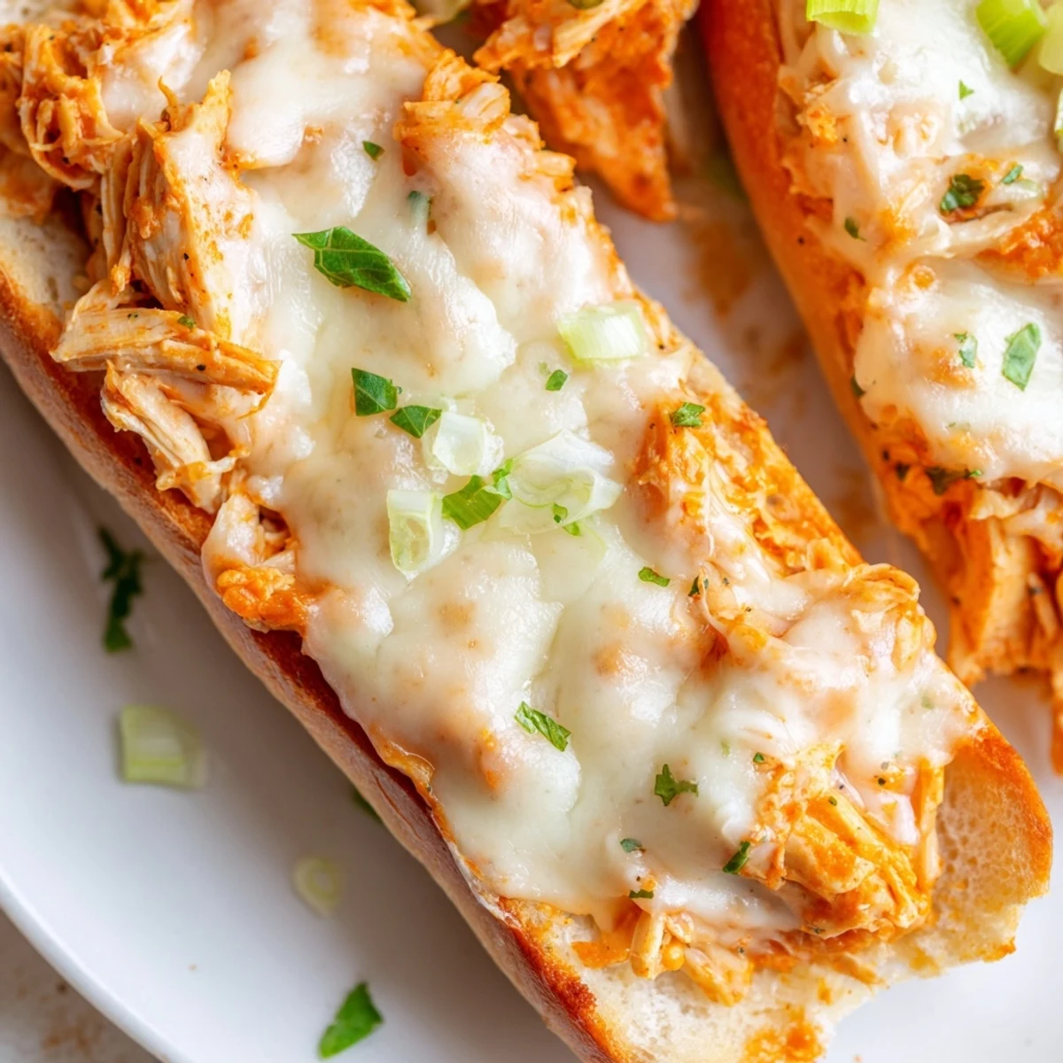 A warm slice of Cheesy Buffalo Chicken Stuffed French Bread reveals spicy shredded chicken and creamy filling.