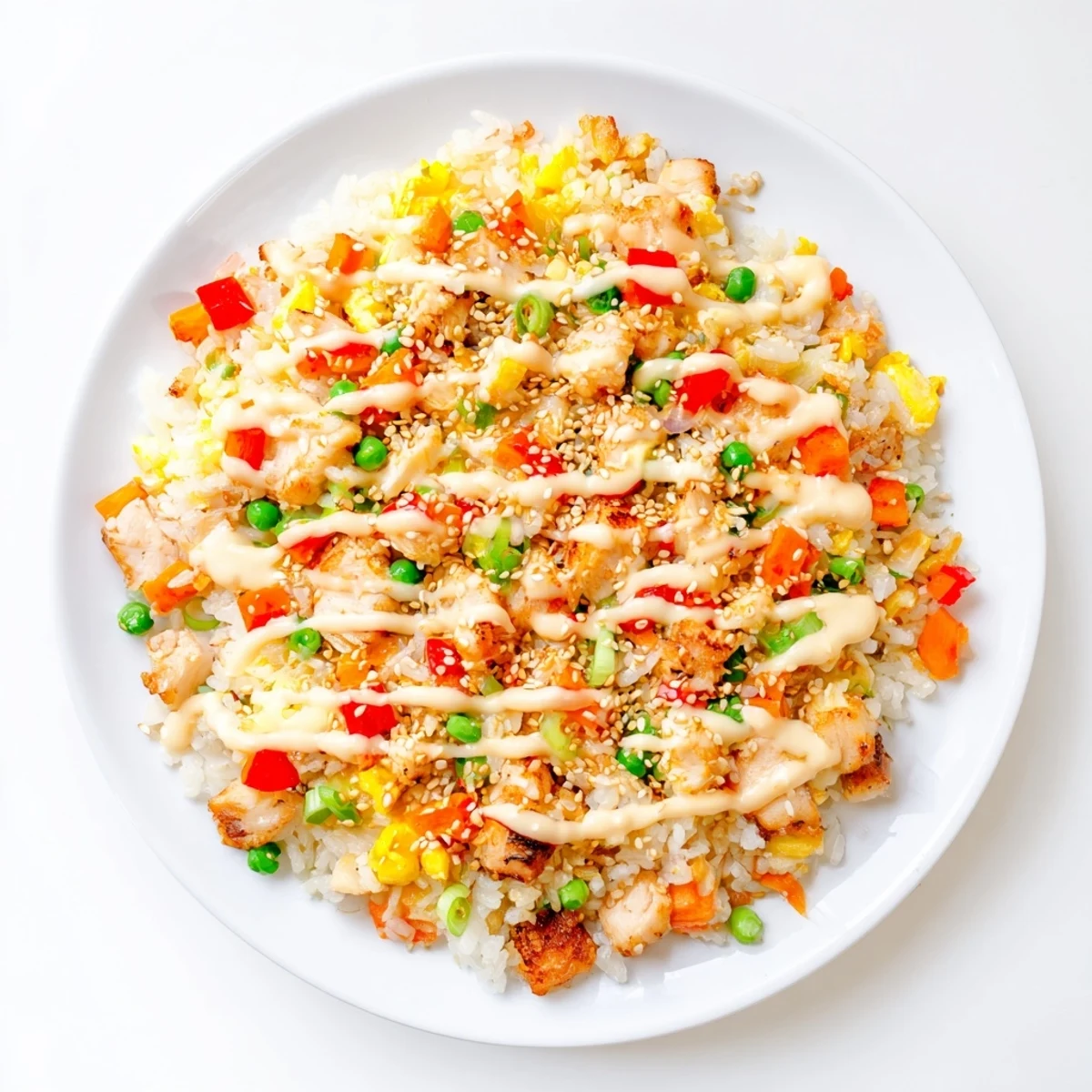 Golden crispy chicken, vibrant bell peppers, and creamy Bang Bang sauce tossed with fluffy jasmine rice for a spicy-sweet dinner.