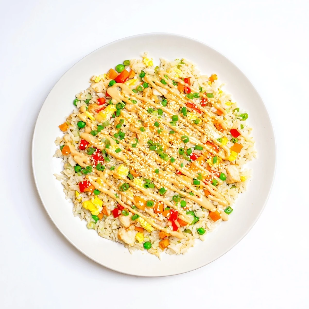 Sizzling Bang Bang Fried Rice in a skillet, garnished with green onions, ready to serve with a cold lager.
