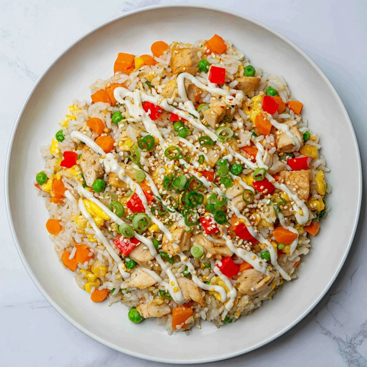 A close-up of Bang Bang Fried Rice shows colorful veggies, toasted sesame seeds, and a drizzle of signature creamy sauce.