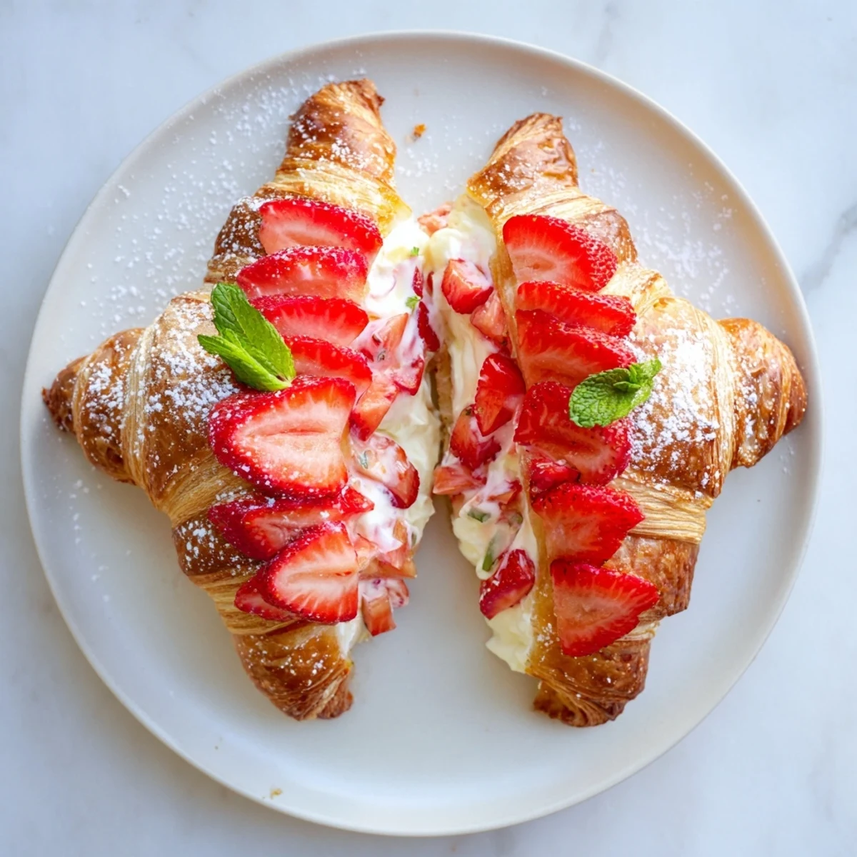 Freshly assembled Strawberry Cream Croissant pastries dusted with powdered sugar and topped with sliced berries.