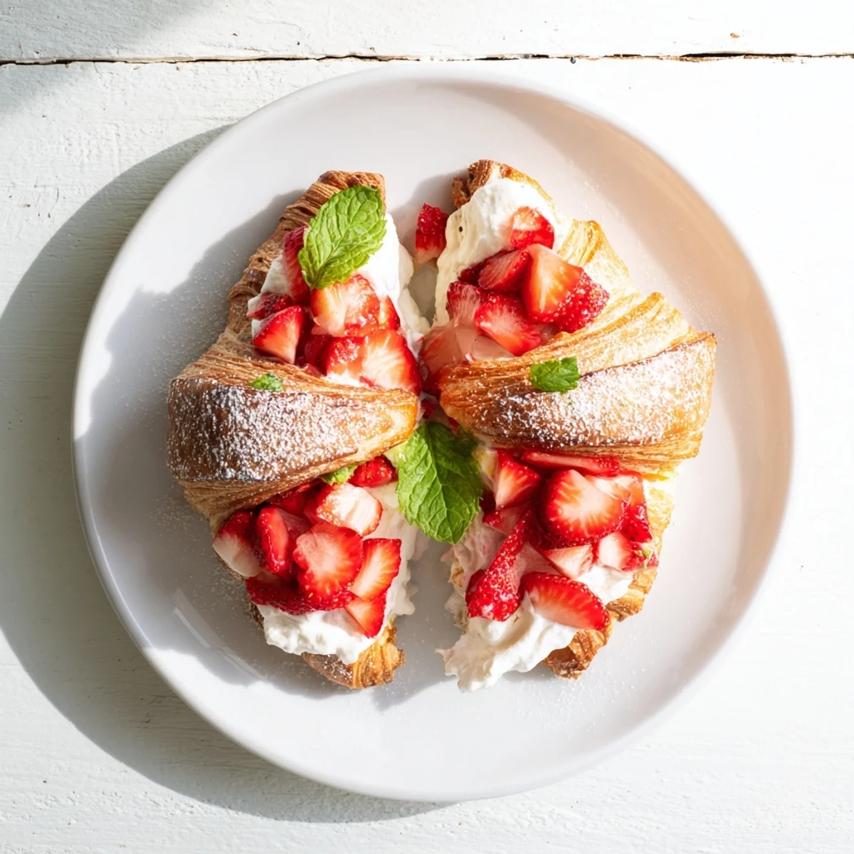 A close-up view of Strawberry Cream Croissant filled with vanilla cream and fresh strawberries.
