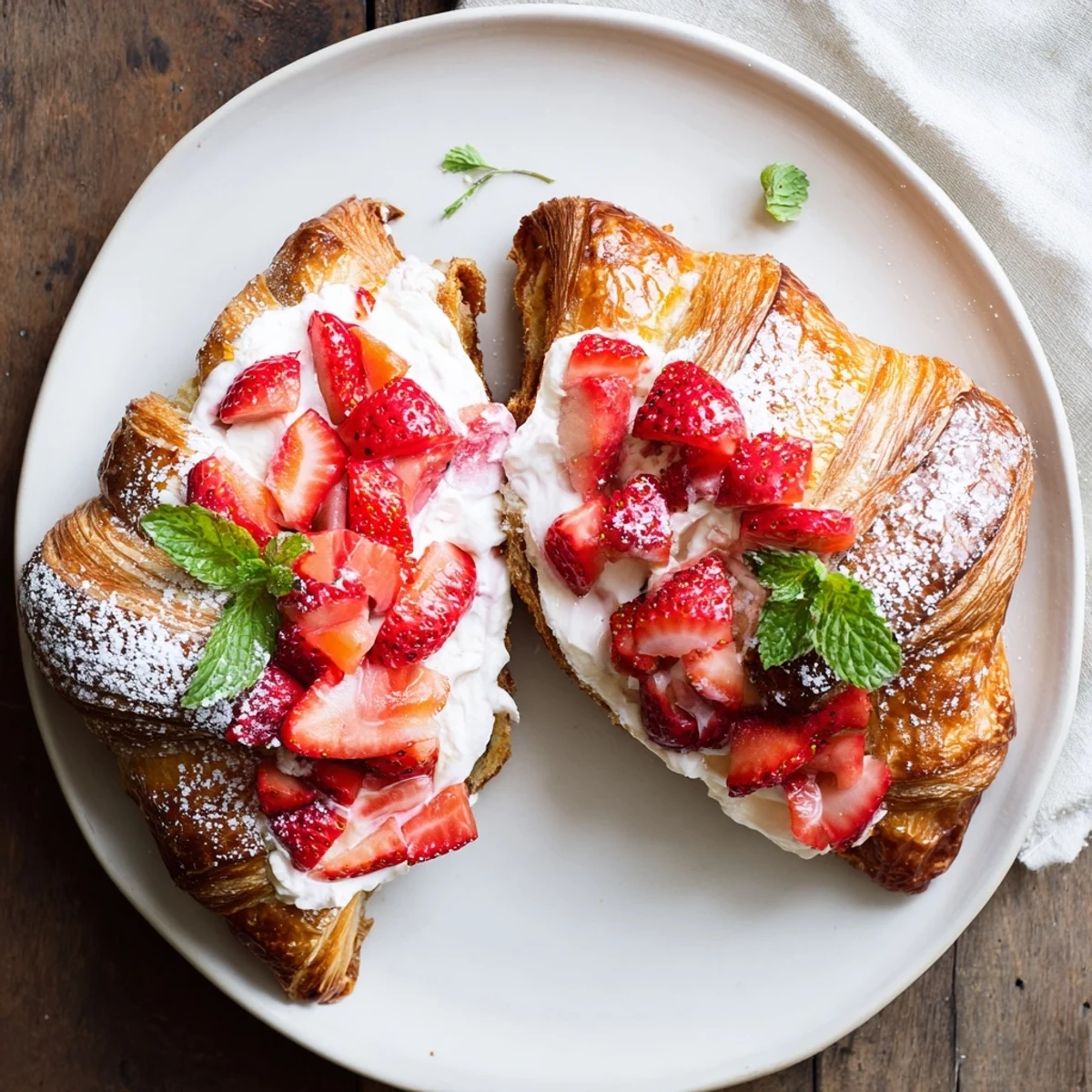 Golden Strawberry Cream Croissant pastries with mint garnish, perfect for a sweet breakfast or dessert.