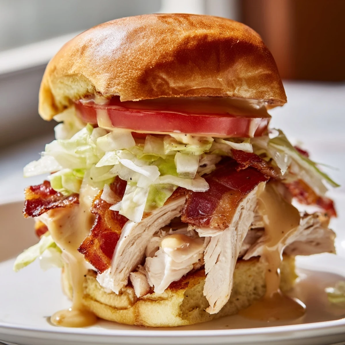 Close-up photo of Honey Mustard BLT Chicken Sliders on a wooden board, stacked and ready to serve.