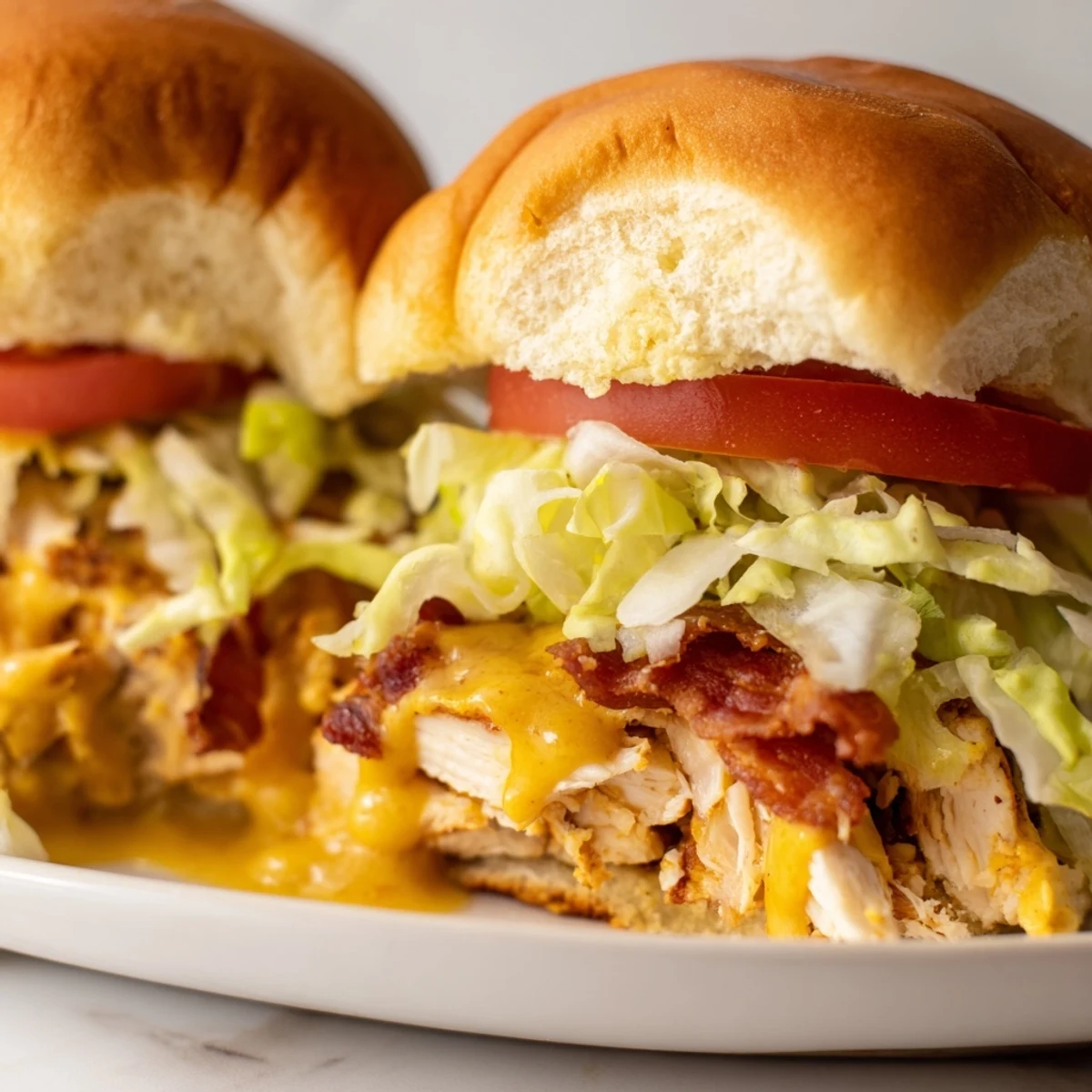 Freshly assembled Honey Mustard BLT Chicken Sliders with crispy bacon and juicy chicken on a plate.