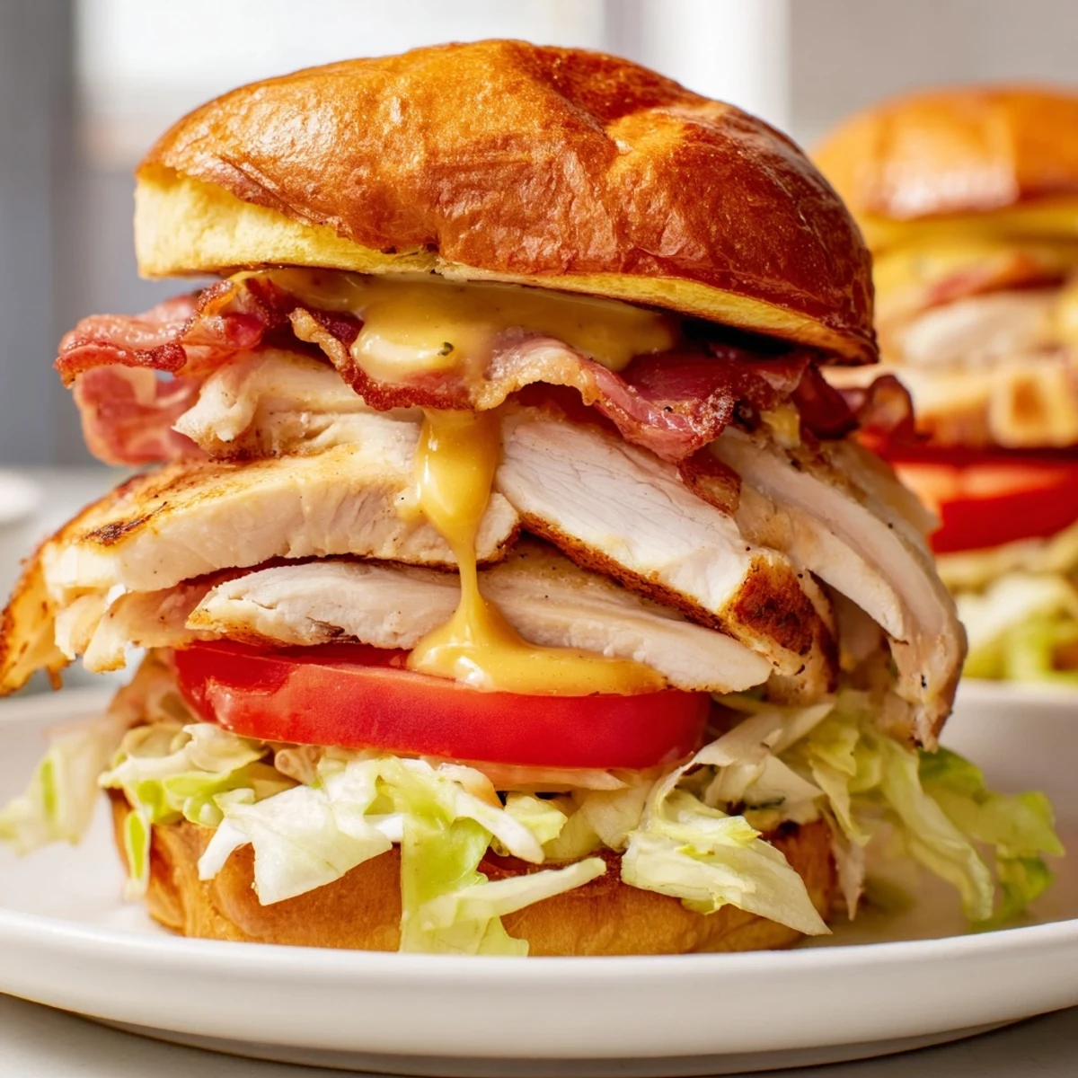 Savory Honey Mustard BLT Chicken Sliders with fresh lettuce and tomato, perfect for a party platter.