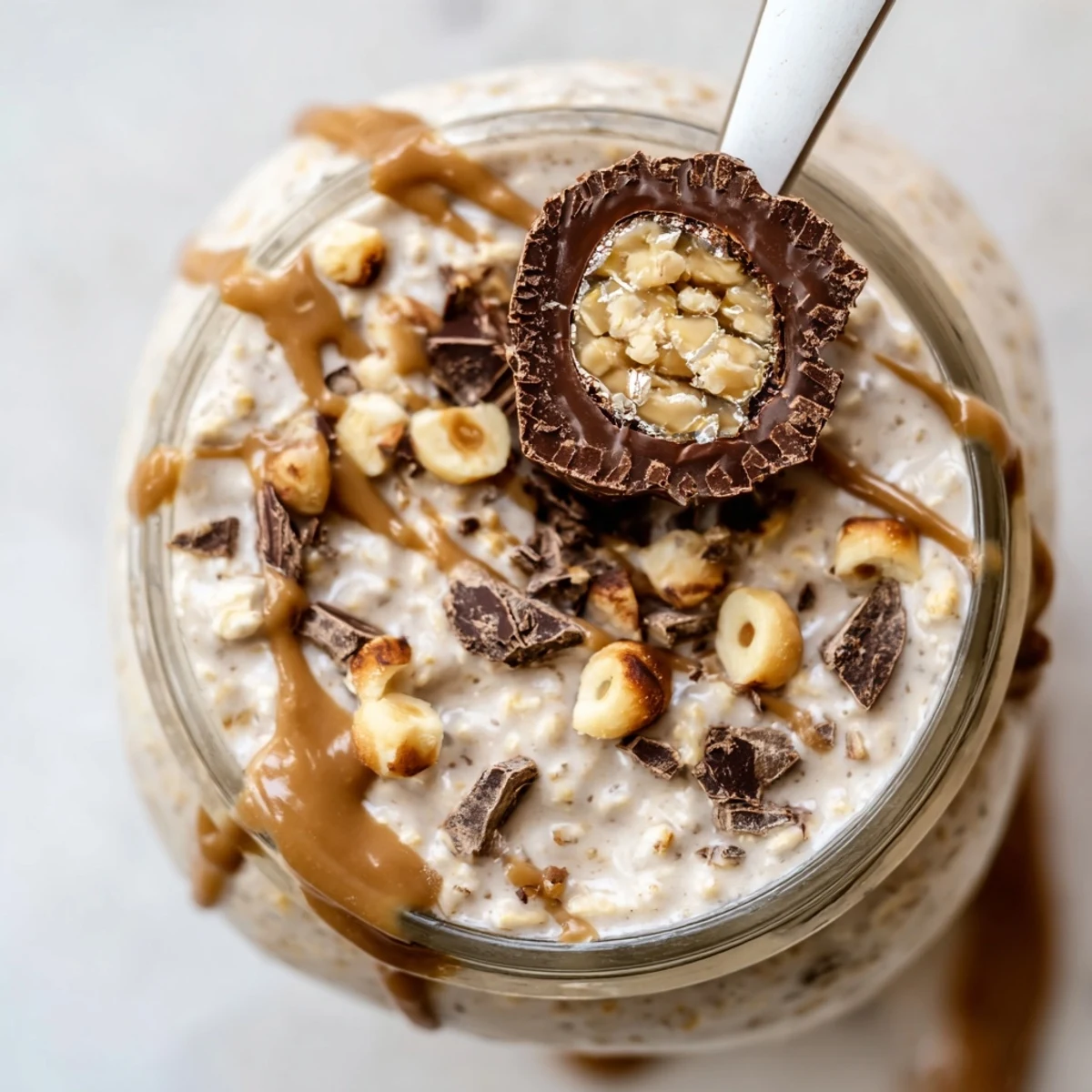Creamy Ferrero Rocher Protein Overnight Oats topped with hazelnuts and chocolate in a jar.