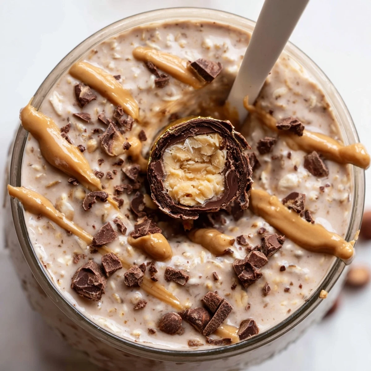 Ferrero Rocher Protein Overnight Oats layered with cocoa and hazelnut butter, ready to enjoy.