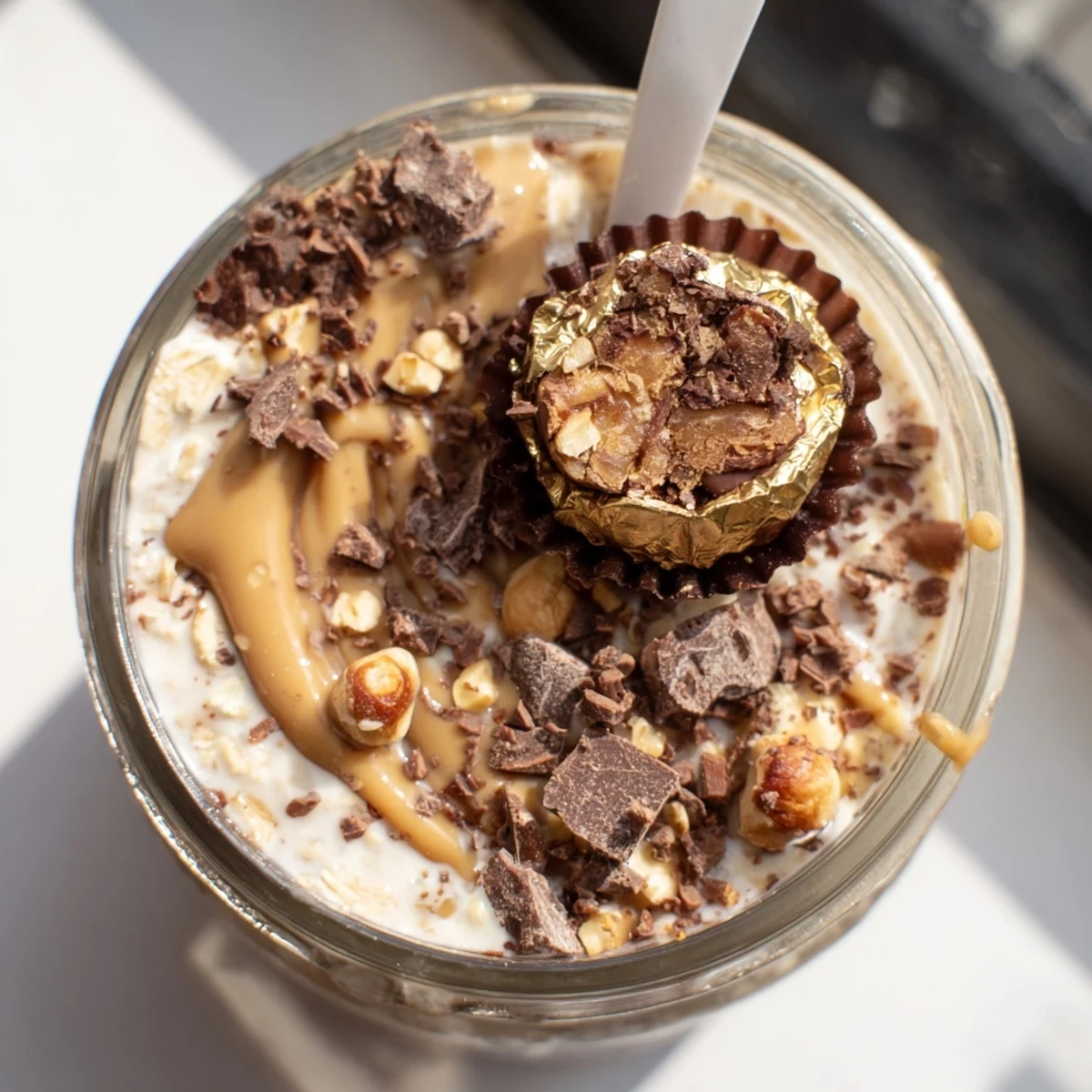 Overnight jar of Ferrero Rocher Protein Overnight Oats with chopped hazelnuts and dark chocolate.