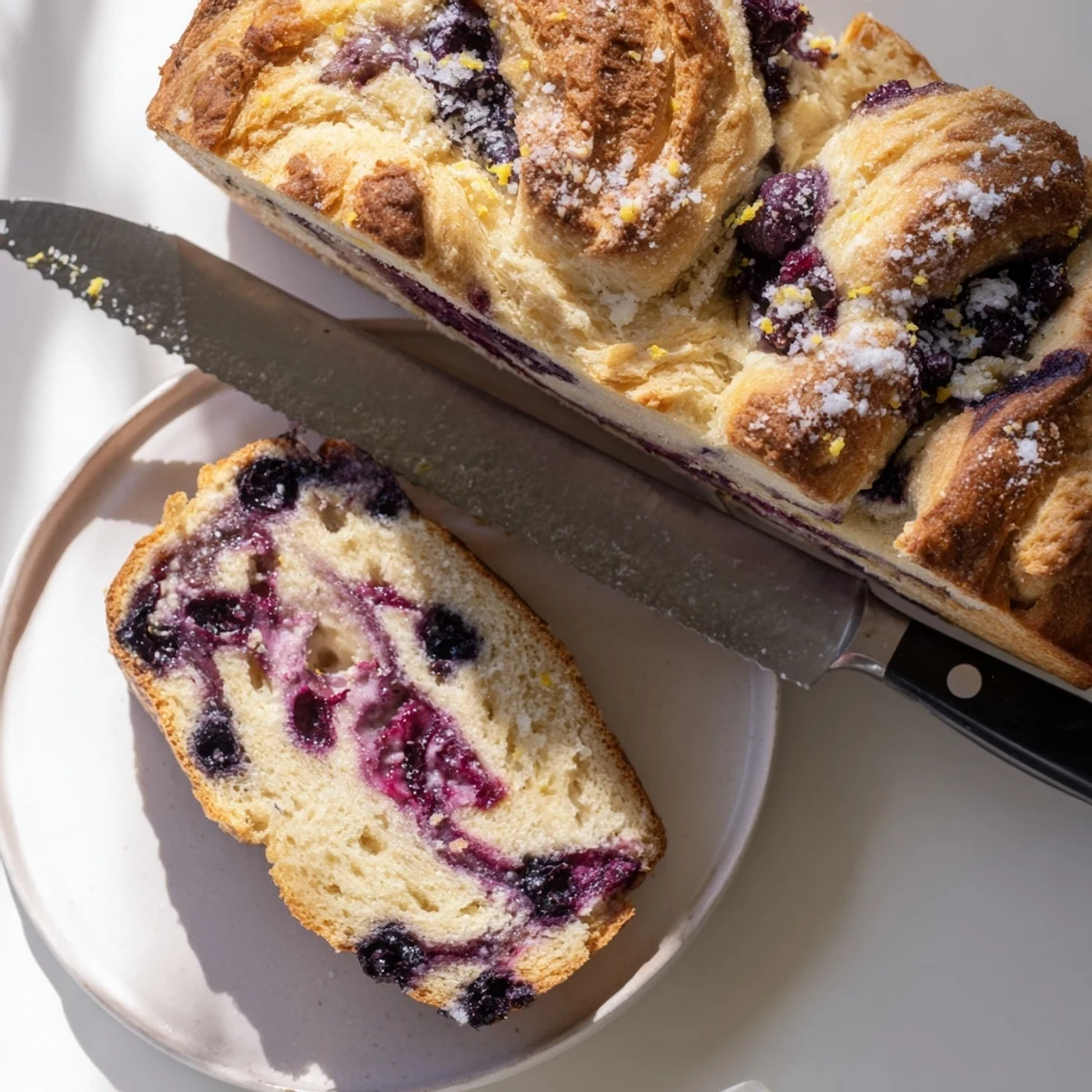 A thick slice of Blueberry Lemon Cream Cheese Sourdough served on a rustic wooden board, highlighting the creamy cheese pockets.