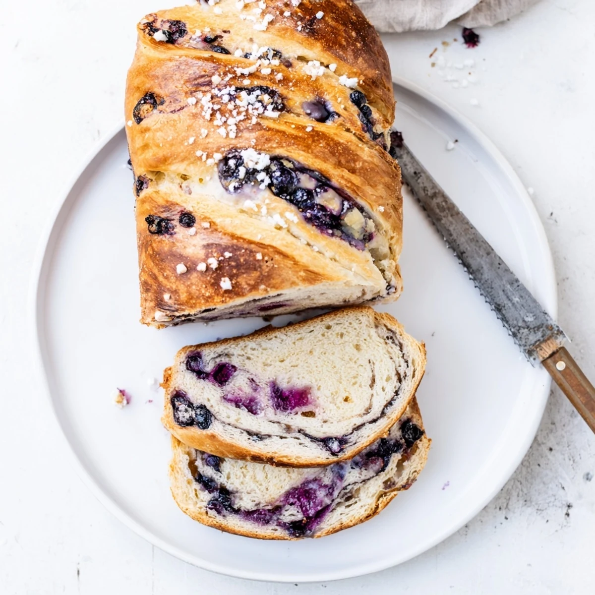 A close-up of Blueberry Lemon Cream Cheese Sourdough showcasing the vibrant purple-blue berry swirl inside the golden-brown crust.