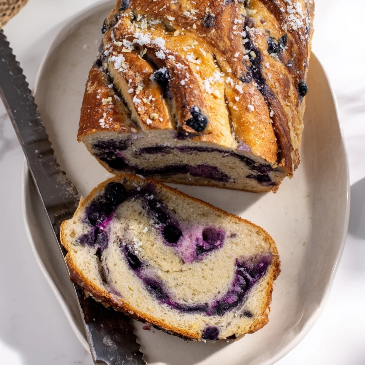 Fresh Blueberry Lemon Cream Cheese Sourdough loaf cooling on a wire rack with lemon zest scattered nearby.