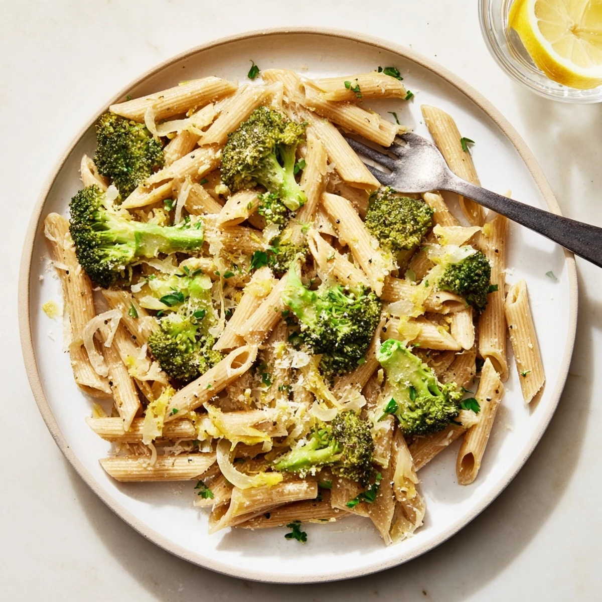 Vibrant Easy Healthy Broccoli Pasta with bright green florets, garlic, and Parmesan on a white plate.  