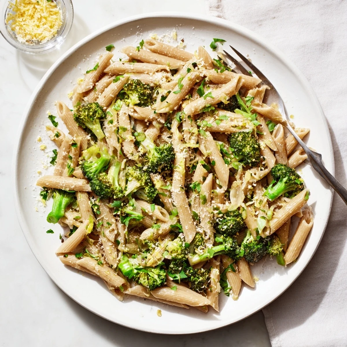 Close-up of Easy Healthy Broccoli Pasta tossed in olive oil, lemon zest, and fresh parsley.  
