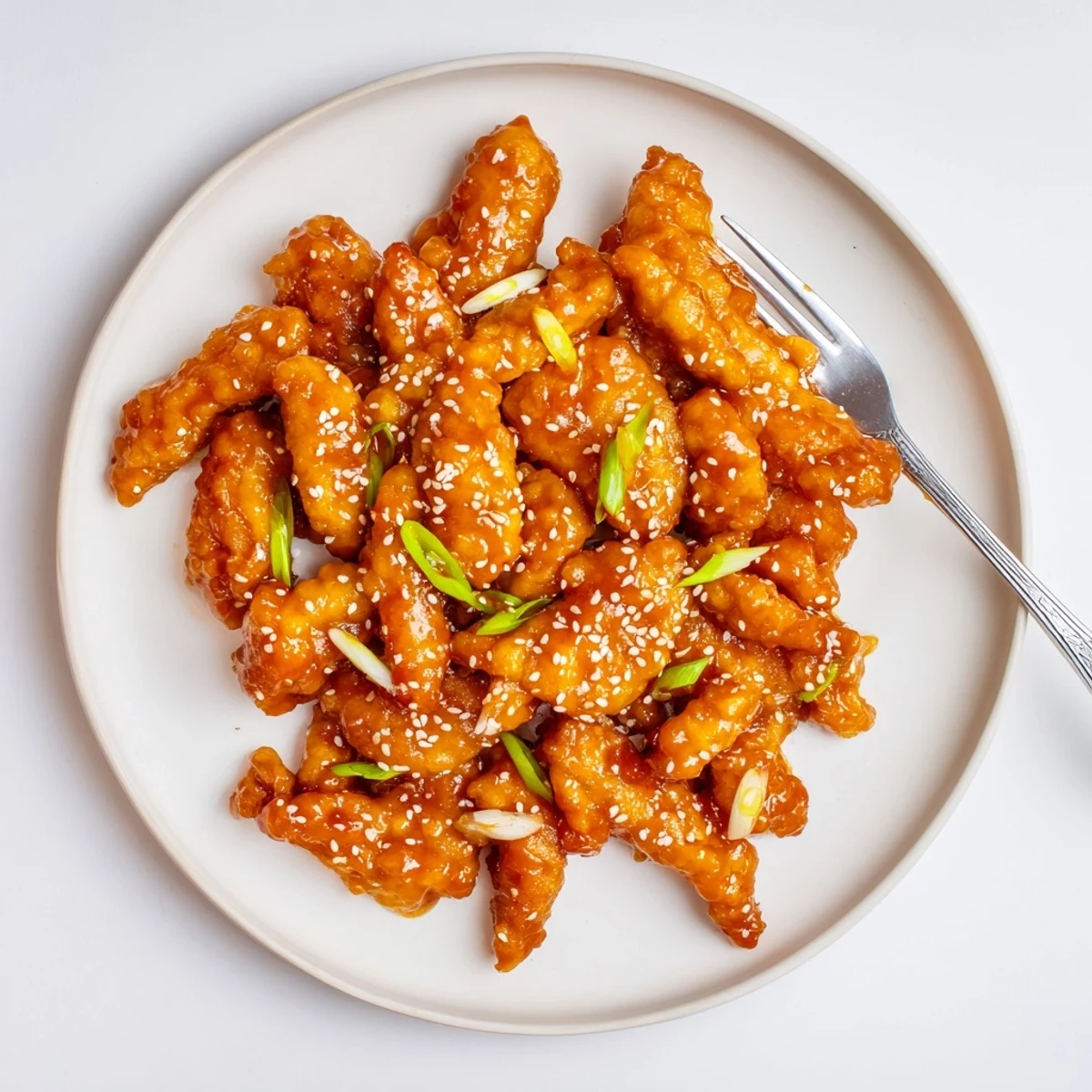 Golden sticky orange chicken wings glistening with tangy glaze, topped with sesame seeds and green onions on a serving platter.