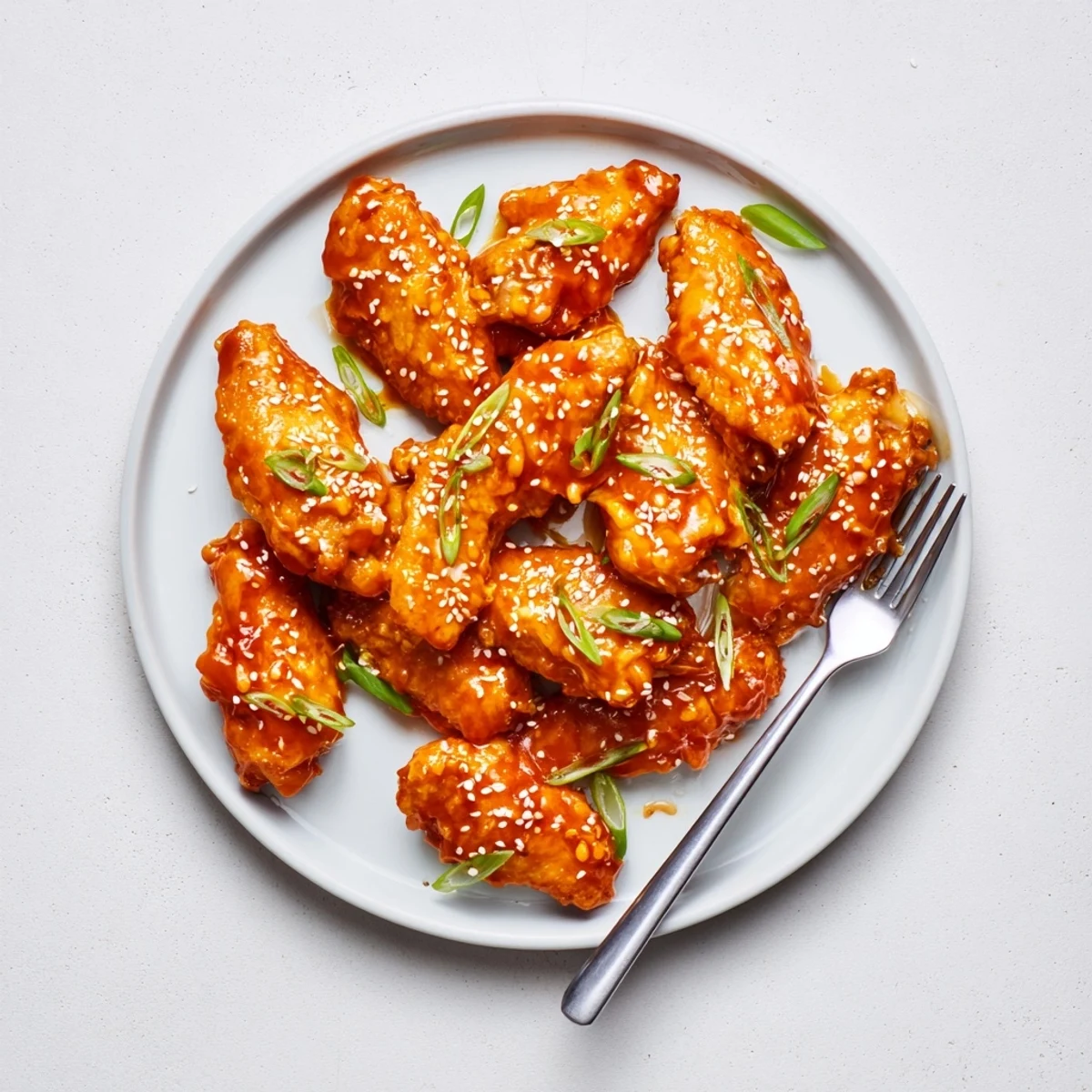 Platter of baked sticky orange chicken wings, glossy orange glaze, served with steamed rice and a fresh green salad.