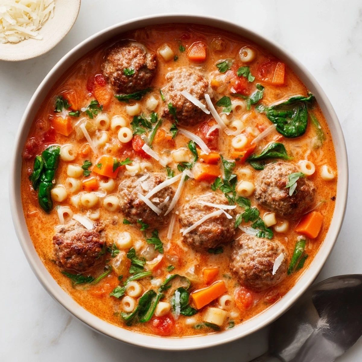 Creamy Italian Meatball Soup simmering in a white bowl with fresh basil and a slice of crusty bread.