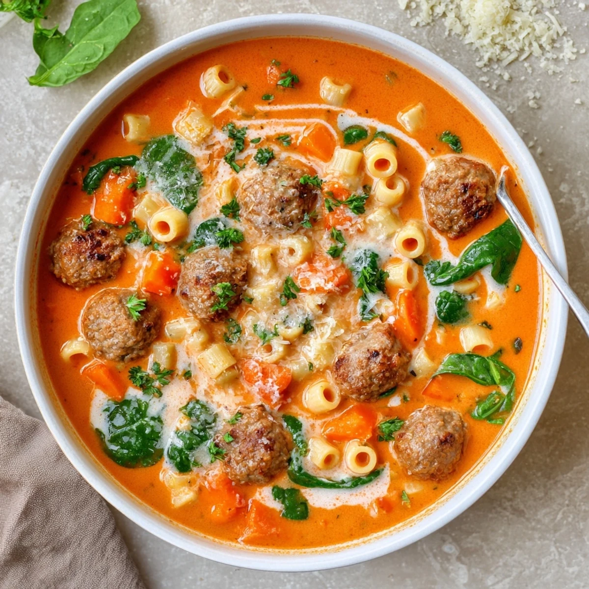 A close-up of the Creamy Italian Meatball Soup, showing tender meatballs and wilted spinach in rich tomato broth.