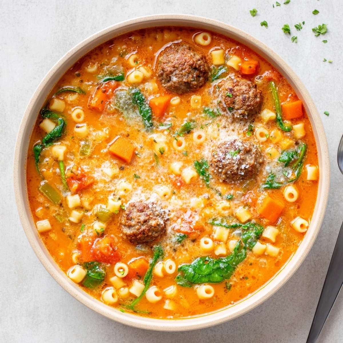 Serve Creamy Italian Meatball Soup in a rustic mug with a sprinkle of Parmesan and steaming aromas.
