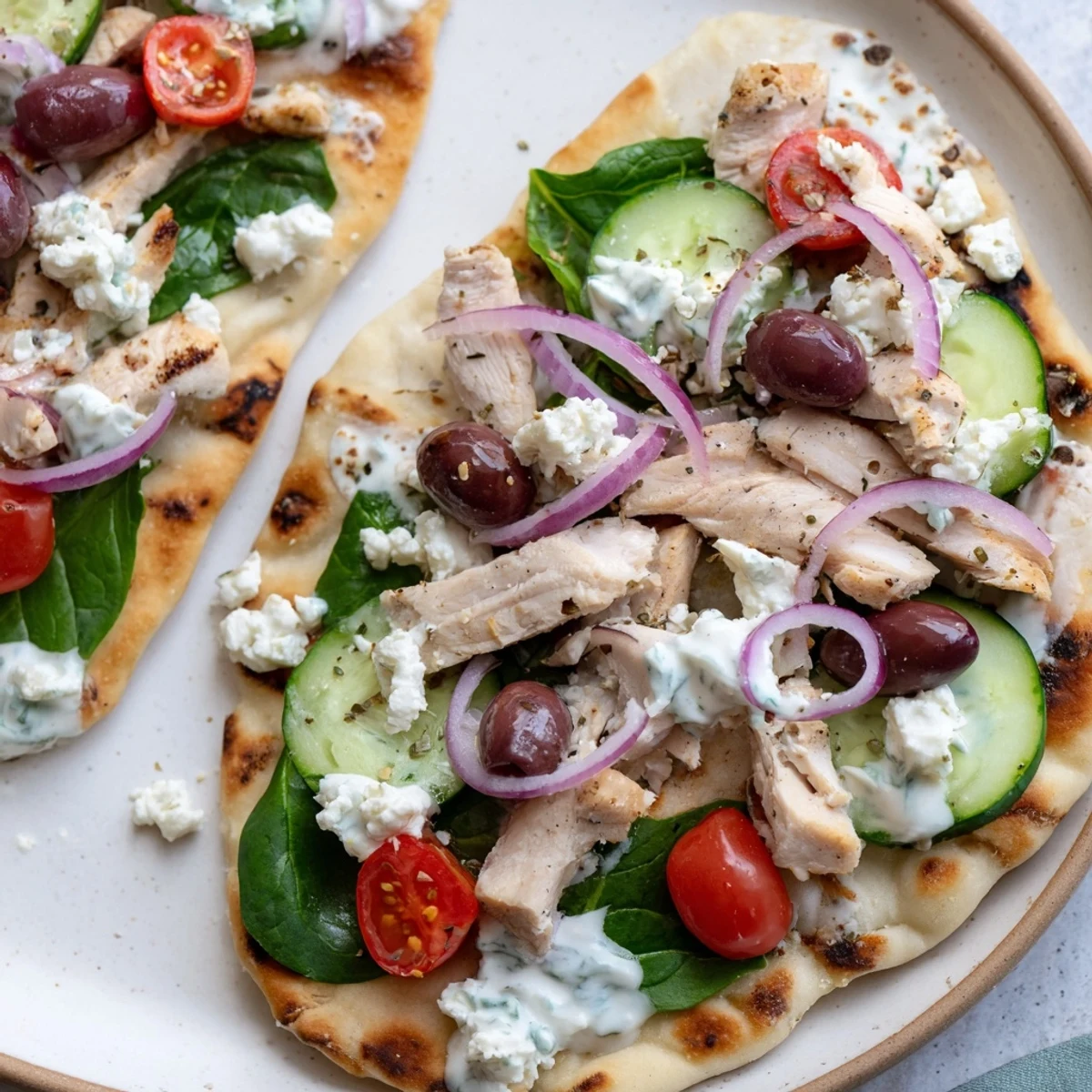 Freshly grilled Greek Chicken Flatbread topped with juicy tomatoes, crisp cucumber, and creamy tzatziki sauce.