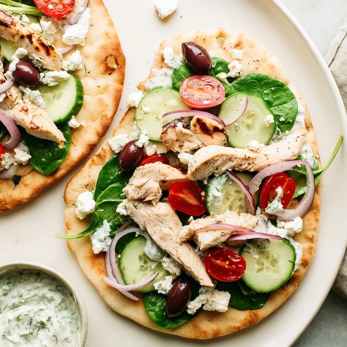 Warm Greek Chicken Flatbread spread with dill tzatziki and loaded with marinated chicken and feta.