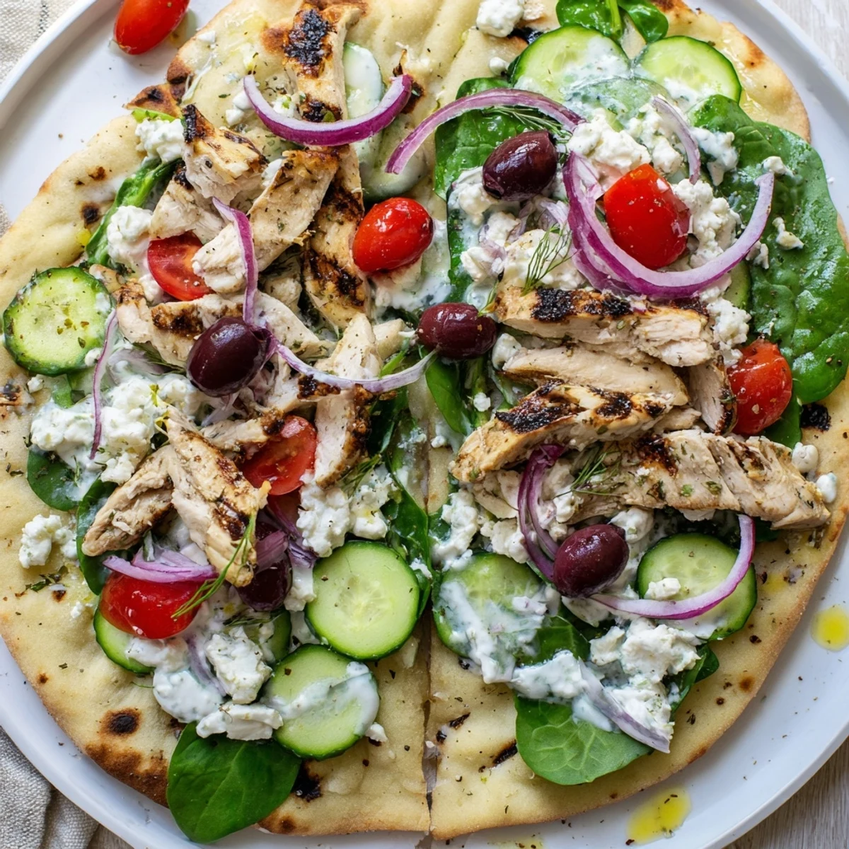 Golden flatbread layered with tender Greek chicken, vibrant veggies, and a drizzle of tangy tzatziki.