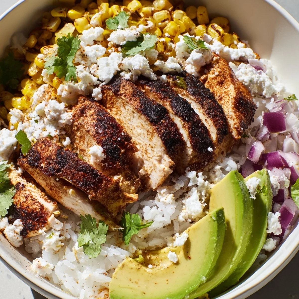 Juicy grilled chicken and charred street corn top fluffy rice in a vibrant Street Corn Chicken Rice Bowl, garnished with avocado and lime.