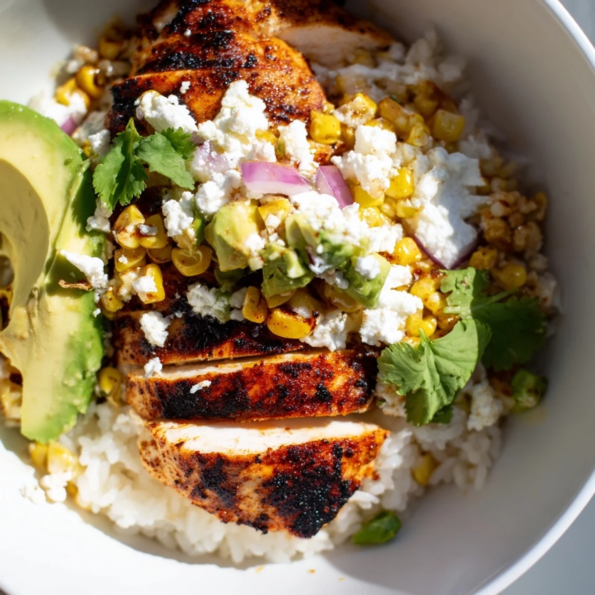 Colorful Street Corn Chicken Rice Bowl served with red onion and avocado, perfect for a gluten-free, Mexican-inspired weeknight dinner.