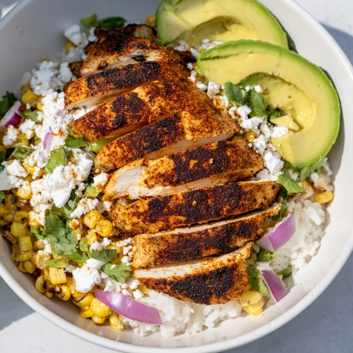 A close-up of Street Corn Chicken Rice Bowl with zesty toppings, crumbled cotija cheese, fresh cilantro, and a squeeze of lime.