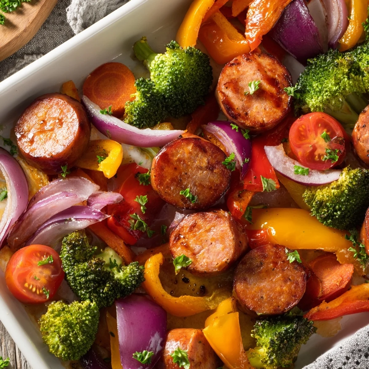 Roasted One Pan Honey Garlic Kielbasa & Veggies with colorful peppers and broccoli on a sheet pan.