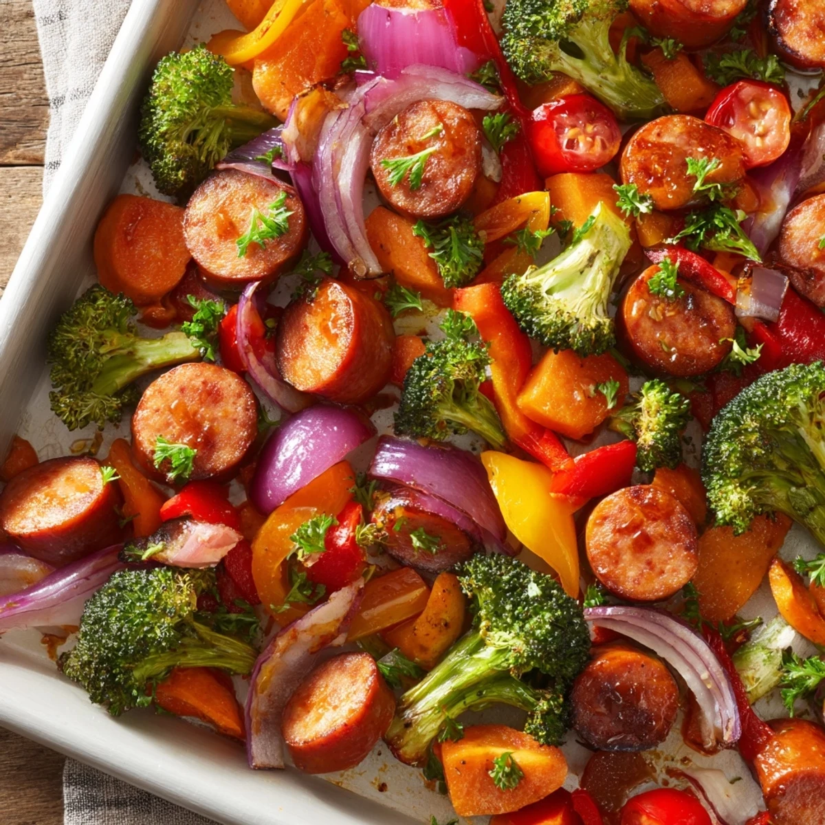 Caramelized One Pan Honey Garlic Kielbasa & Veggies including carrots and tomatoes, perfect for a family dinner.