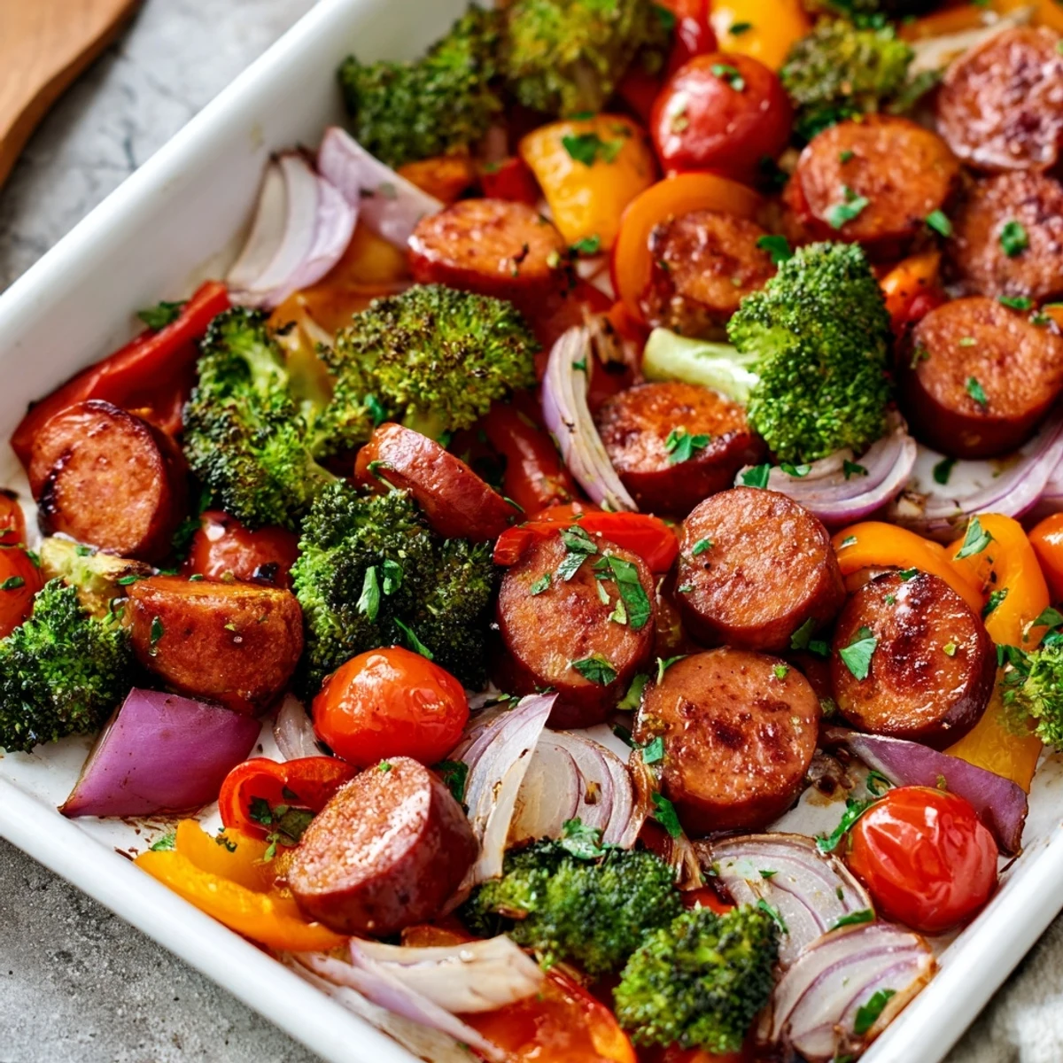 One Pan Honey Garlic Kielbasa & Veggies glistening with sweet-savory glaze, served hot with lemon wedges.